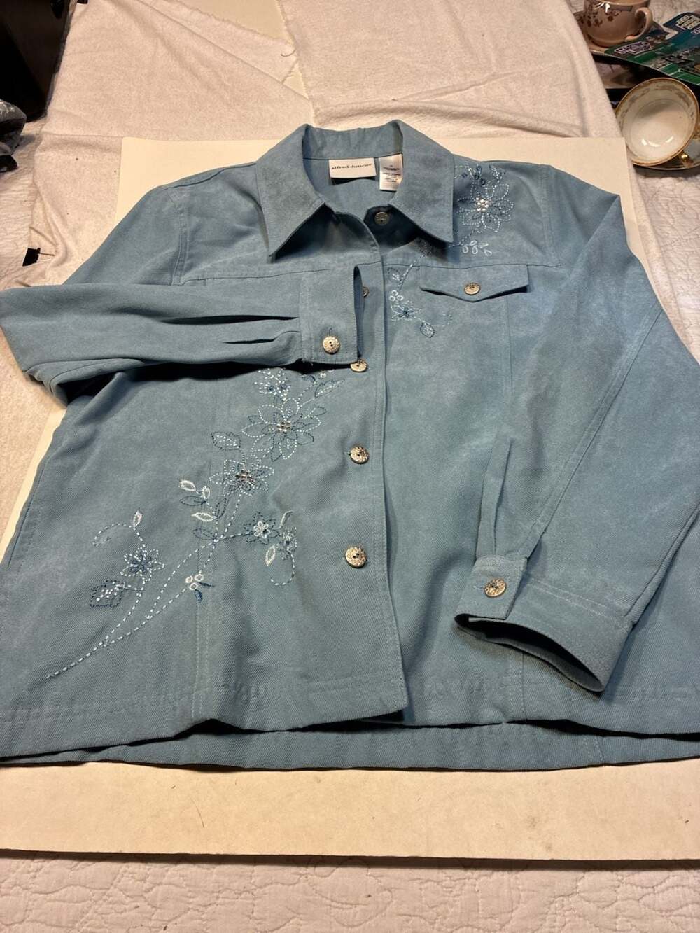 Alfred Dunner Women's Blue Embroidered Floral Button Front Jacket Size 10